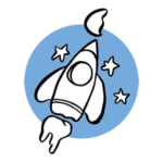 Ícono del taller infantil de arte integral: cohete volando por el cielo con luna y estrellas.