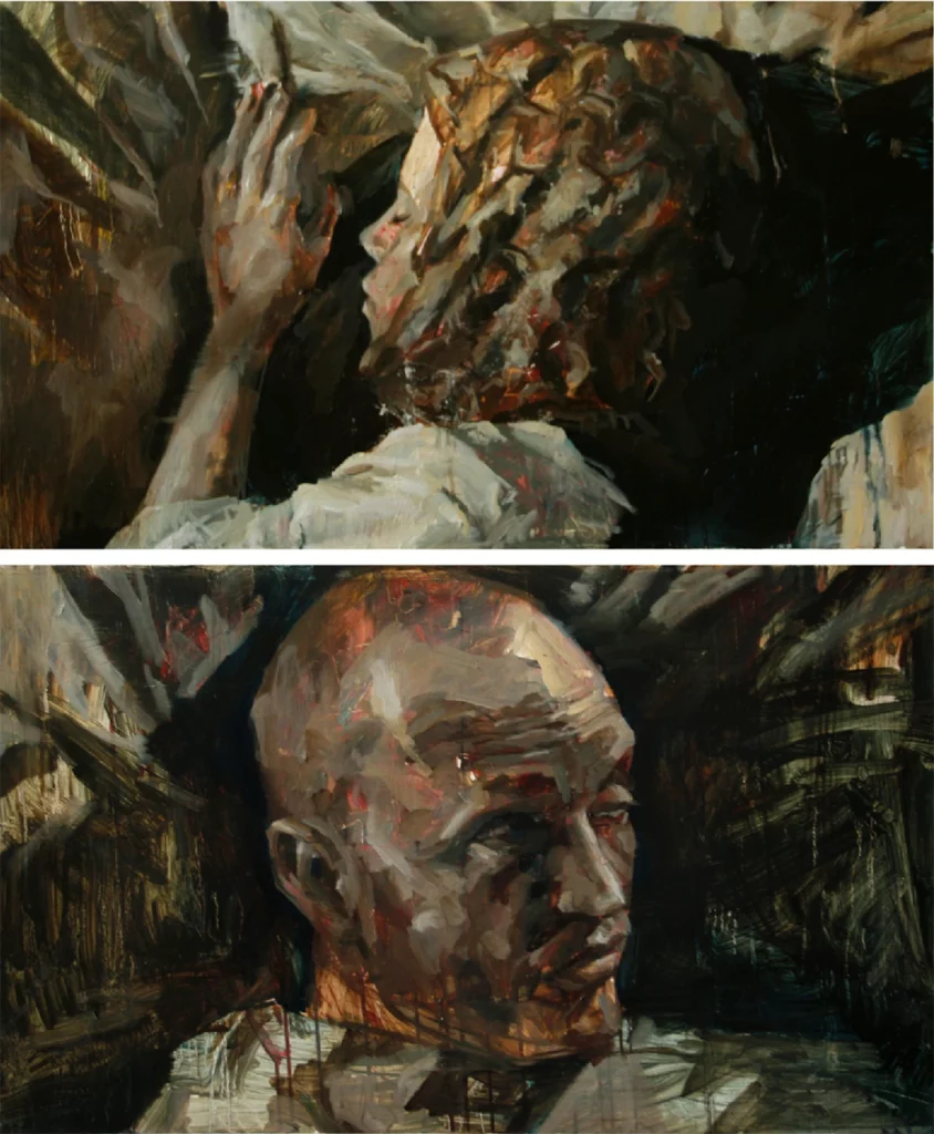 Dos pinturas del artista contemporáneo argentino Ezequiel Quines, de una niña rubia con pelo rizado durmiendo apasible con una almohada y en otra una cabeza de un hombre calvo que parece estar a su lado reposando inquietante.