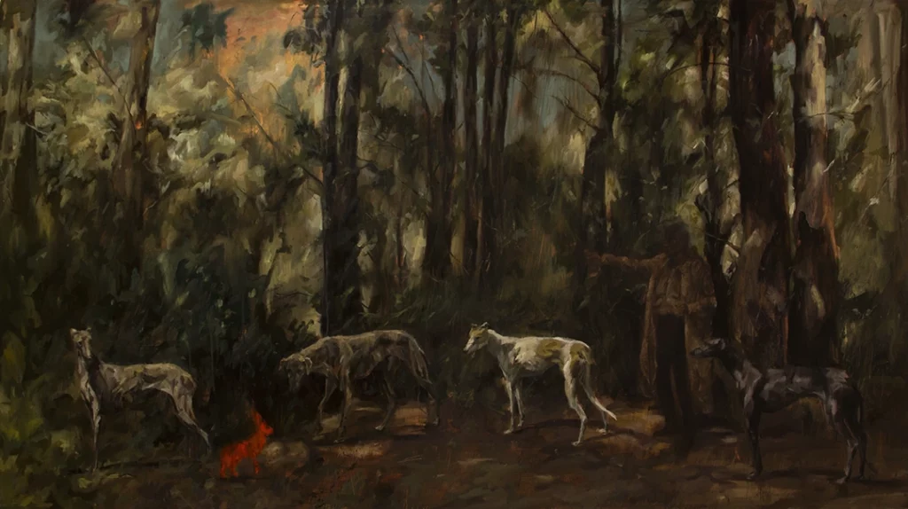 Pintura del artista contemporáneo argentino Ezequiel Quines, de un espeso bosque con cuatro perros galgos, un hombre misterioso que los dirige y una aparición de un conejo rojo.