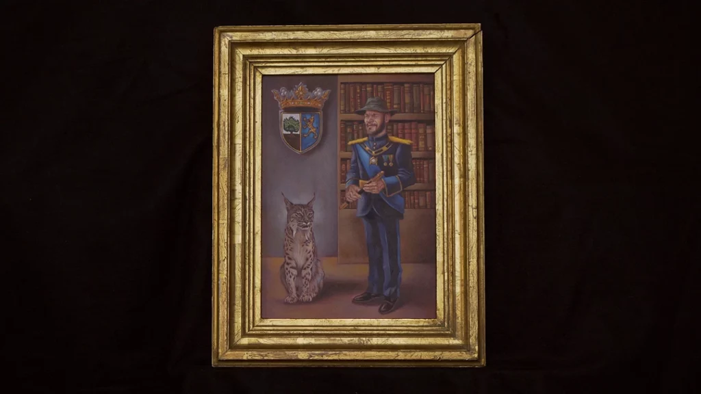 Pintura del Marquéz con su lince, en la biblioteca, con el escudo del olivo y el lince. Atrezo, utilería, para el film El Rastro Firme.