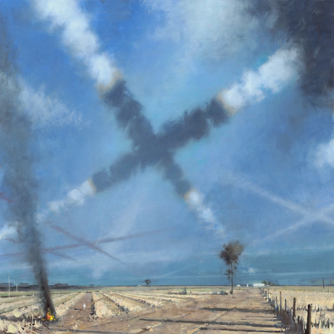 Pintura de Ignacio Noé de un paisaje metafísico con estelas de nubes en forma de cruz, con una parte en sombra y fuego con humo negro en medio del campo.