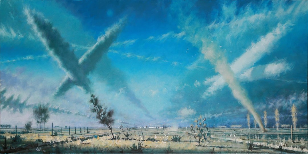 Pintura de Ignacio Noé de un paisaje metafísico con estelas de nubes ovoides que forman cruces, una en sombra y otra iluminada con humo de una fogata en medio del campo.
