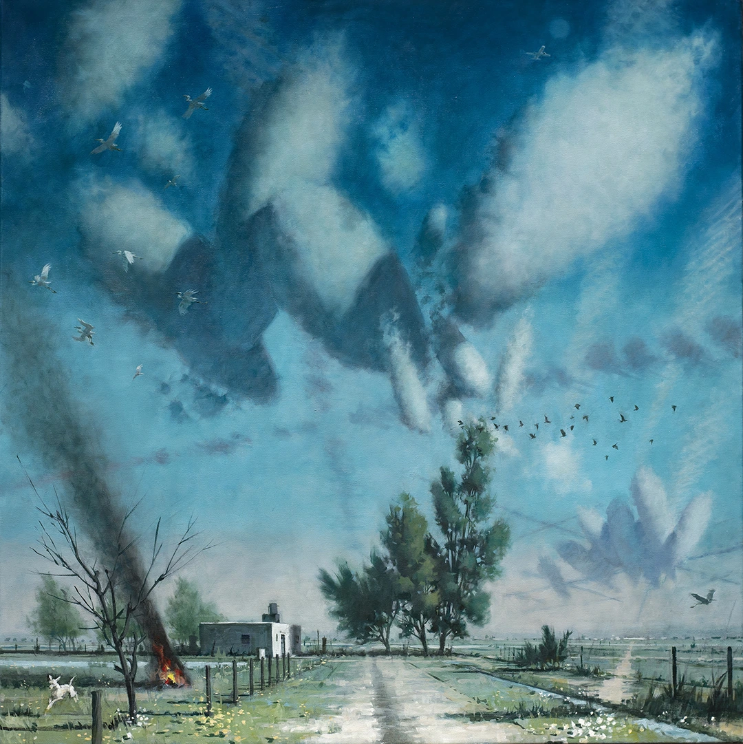 Pintura de Ignacio Noé de un paisaje metafísico con nubes ovoides similares a dirigibles, inquietantes y superpuestas una a la otra, con perro, aves y arboles alterados con una casa en el campo.