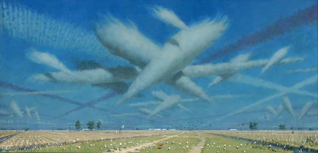 Pintura de Ignacio Noé de un paisaje metafísico de inquietantes nubes de forma ovoide y estelas de nubes que se cruzan sobre el cielo del campo