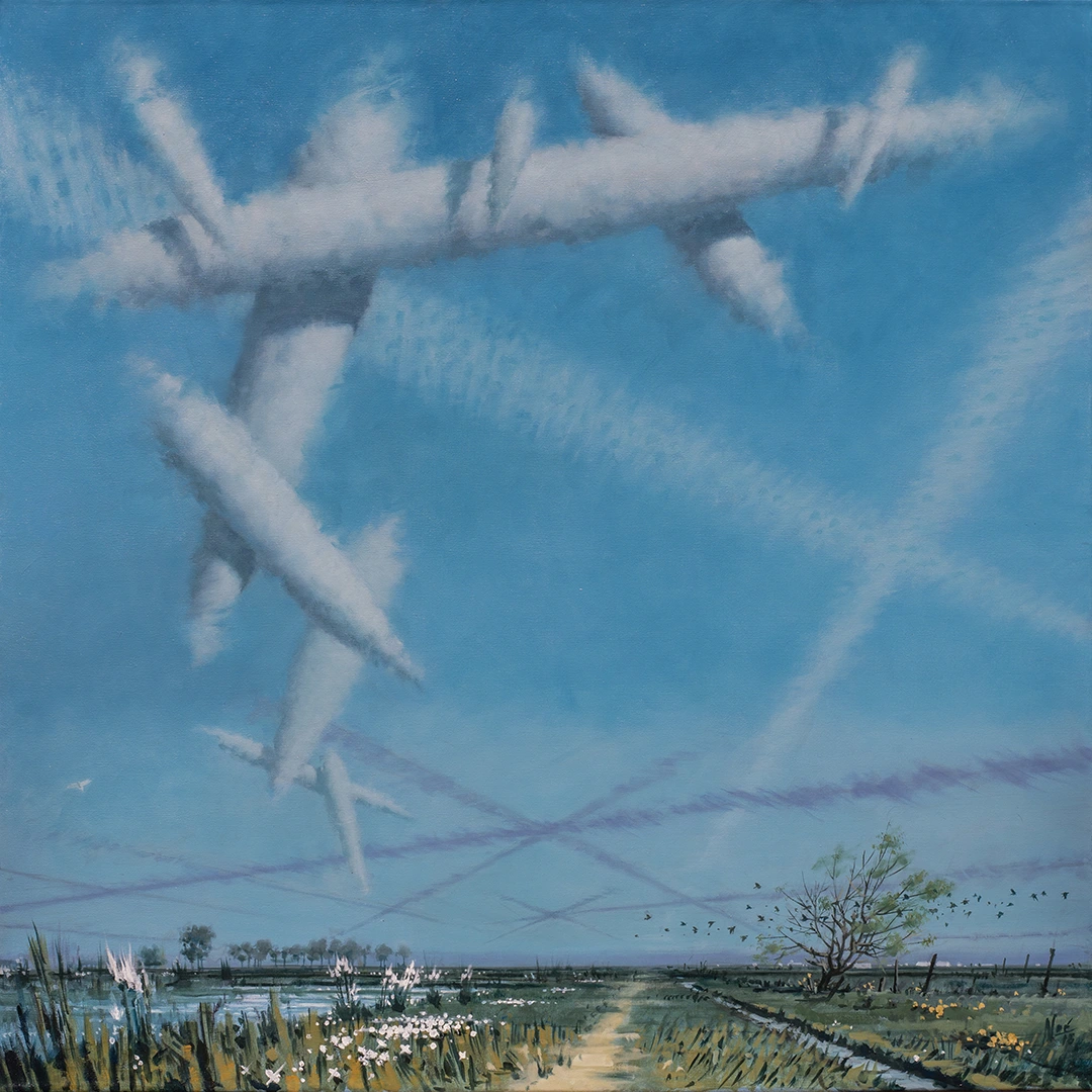 Pintura de Ignacio Noé de un paisaje metafísico de inquietantes nubes de forma ovoide alargadas y estelas de nubes que se cruzan en el cielo de los suburbios