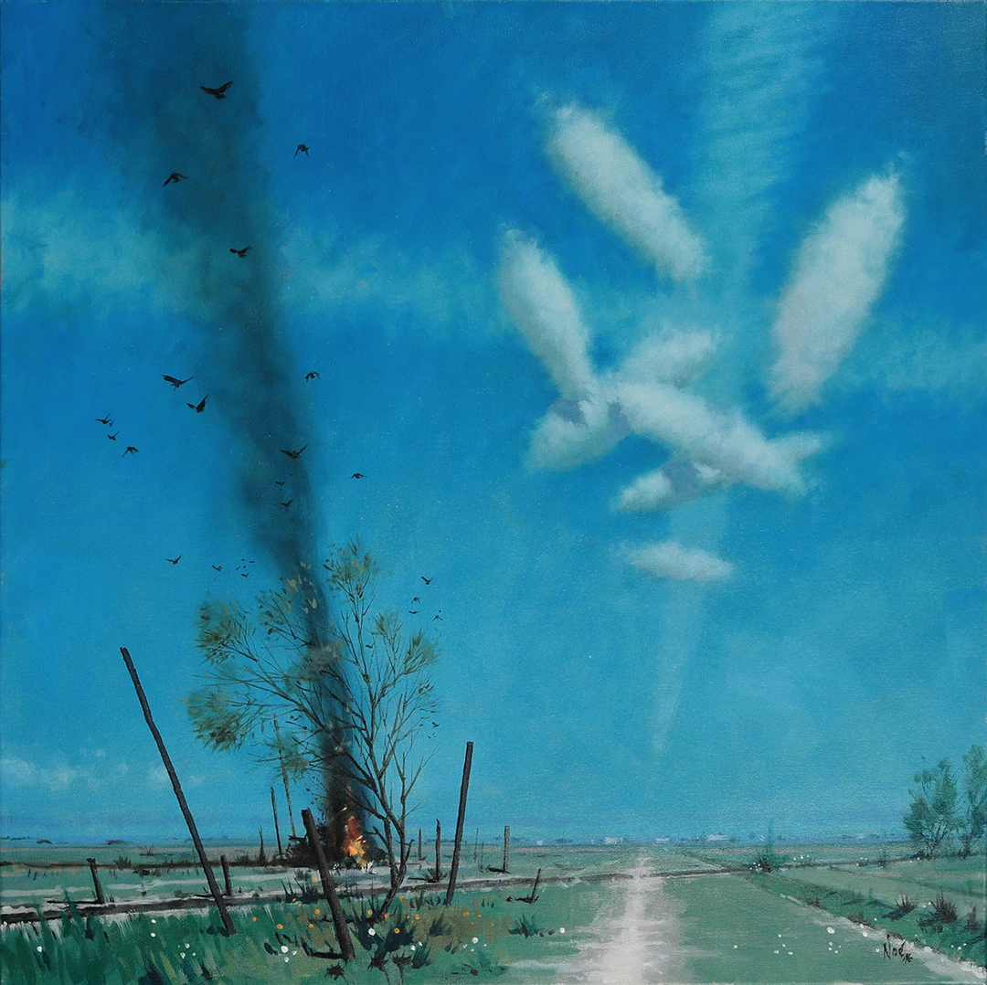 Pintura de Ignacio Noé de un paisaje metafísico de nubes de forma ovoide en el campo delante de dos estelas de nubes que forman una cruz que converge en el horizonte junto al humo negro de la combustión de una fogata con aves negras que revolotean.