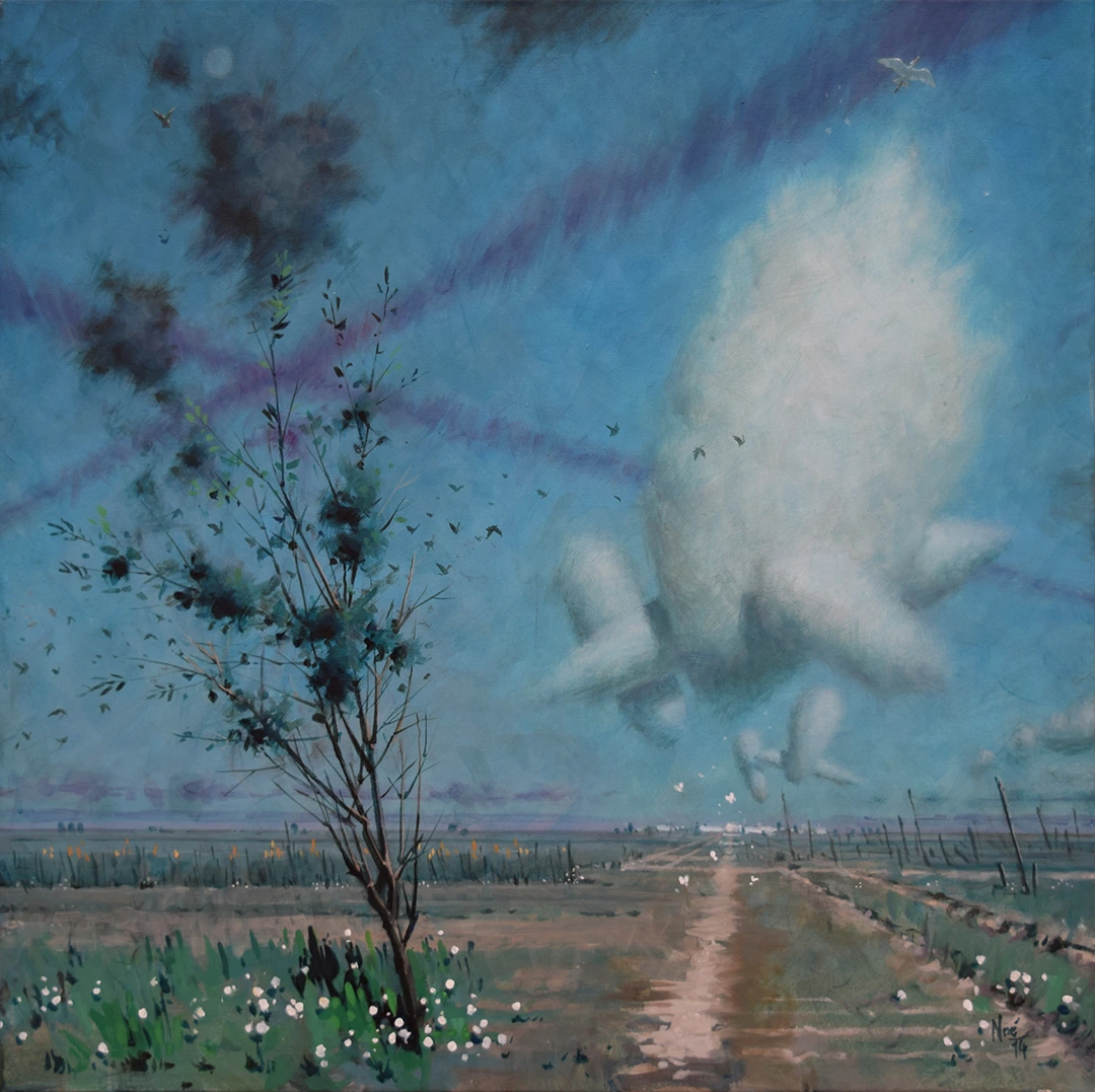 Pintura de Ignacio Noé de un paisaje metafísico de una gran nube ovoide rodeada de otras más pequeñas, estelas de nubes que se cruzan en el cielo junto a nubes negras con árbol y aves agitados.