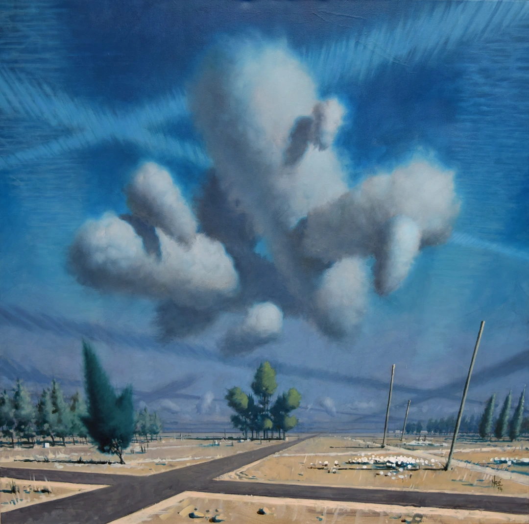 Pintura de Ignacio Noé de un paisaje metafísico de un grupo central de nubes ovoides similares a dirigibles, con estelas de nubes que se cruzan en el cielo por detrás, unas más claras y otras que se difuminan sobre el campo.