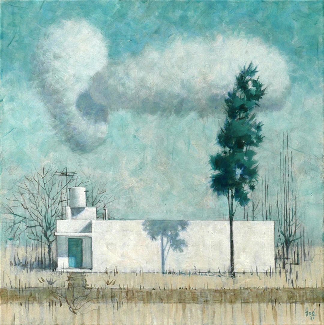 Pintura de Ignacio Noé de un paisaje metafísico con casa de campo blanca y rectangular con árbol que la supera en altura, con un par de nubes de forma ovoide que se encuentran sobre ella.
