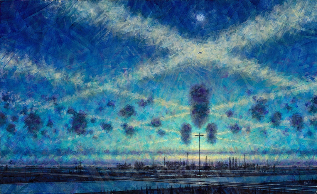 Pintura de Ignacio Noé de un paisaje metafísico nocturno con avión, estelas de nubes que se cruzan formando una retícula en el cielo, nubes oscuras debajo, y una cruz que se alinea con el avión, la luna y el cruce central de las estelas de nubes.