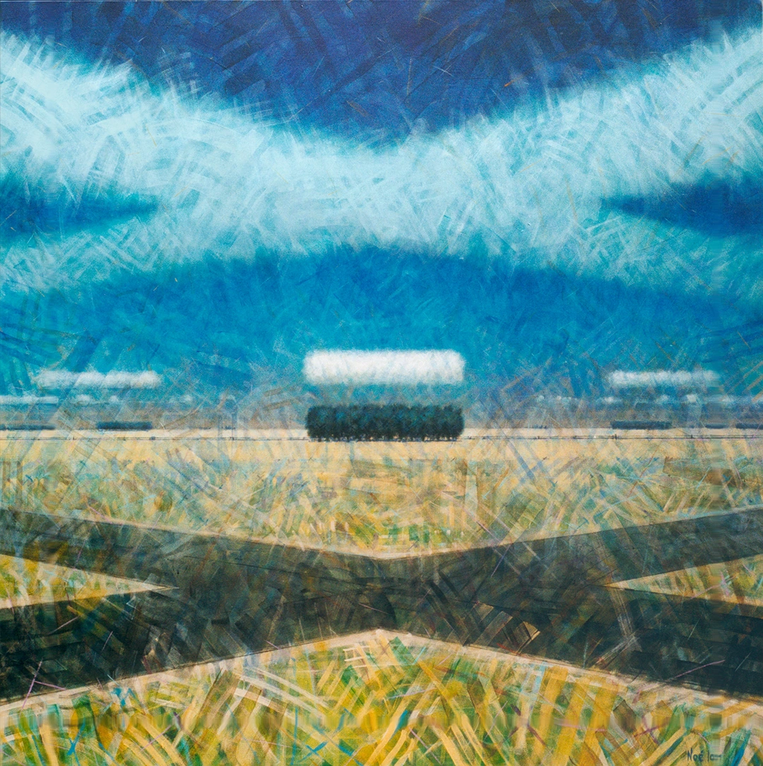 Pintura de Ignacio Noé de un paisaje metafísico del campo, con una gran estela de nubes que se cruzan en el cielo formando una équis y que proyecta una gran y profunda sombra en la ieraa, con grupos de arboledas coronadas por una nube cda una que repite su forma.