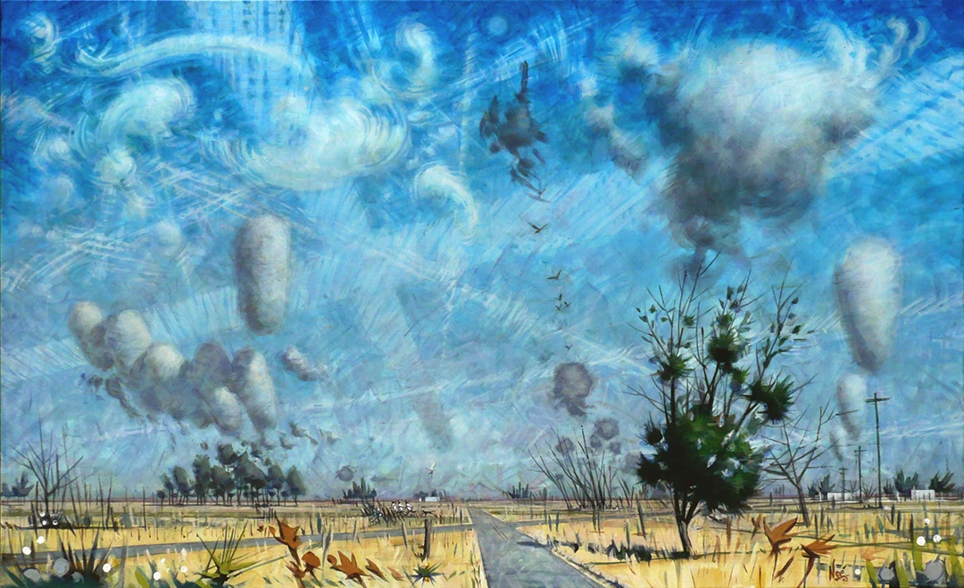 Pintura de Ignacio Noé de un paisaje metafísico con una naturaleza agitada por el cielo celeste velado por nubes amenazantes de formas extrañas, geométricas, estelas que forman retículas, nubes ovoides y nubes que se desarman en girones.