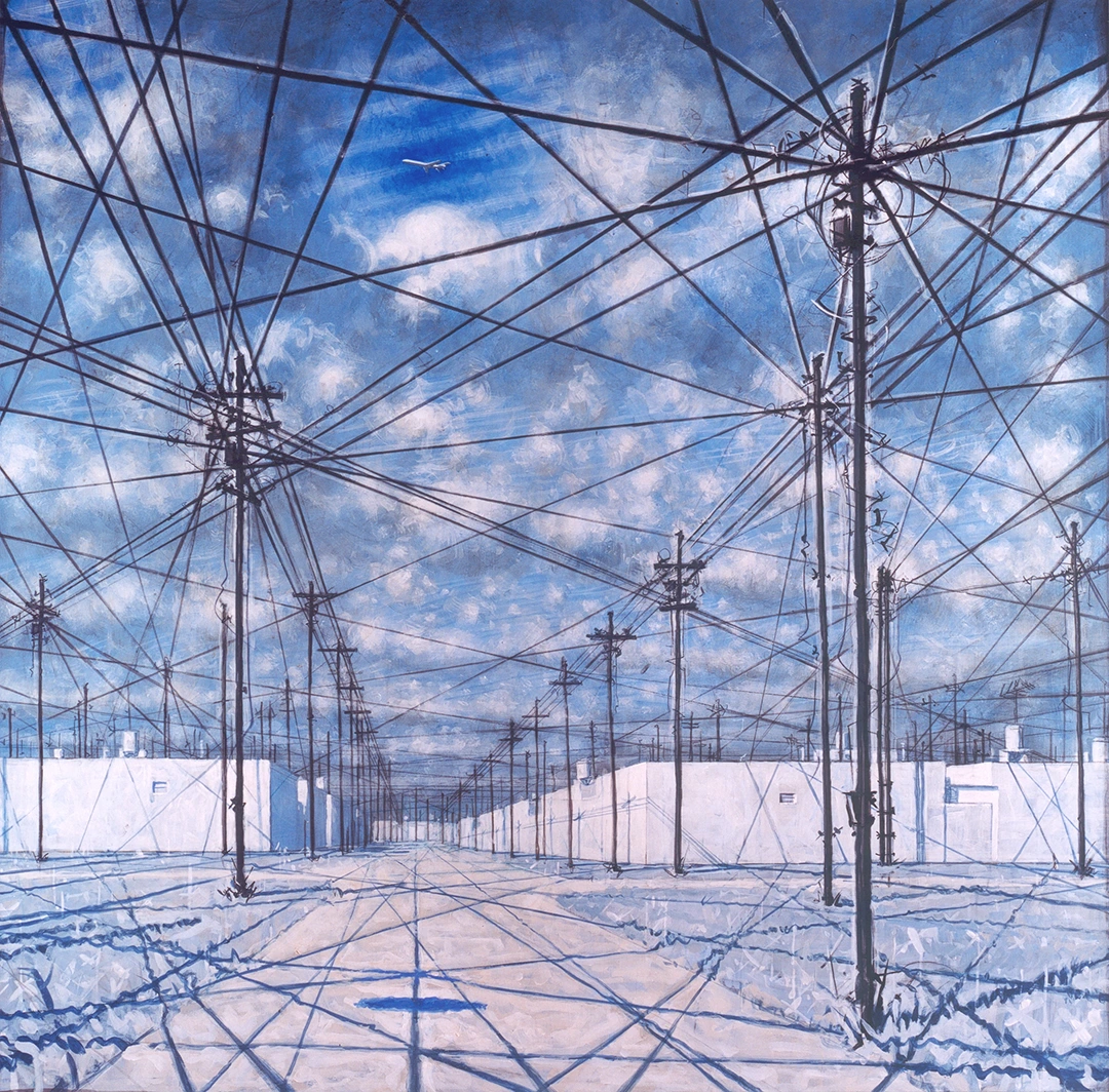 Pintura de Ignacio Noé de un paisaje metafísico de un suburbio blanco, como nevado, cubierto por una caótica y a la vez organizada reticula de cables suspendidos de postes verticales. El cielo, velado por nubes desarmadas y aún más arriba, estelas de nubes en línea recta con un avión que cruza el cielo.