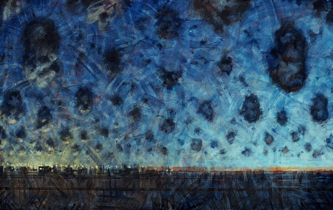Pintura de Ignacio Noé de un paisaje metafísico nocturno que muestra en la linea de horizonte la transición de la ciudad al campo, con el mismo cielo cubierto por nubes oscuras de forma ovoide vertical que afectan por igual a ambos paisajes, el urbano y el natural.